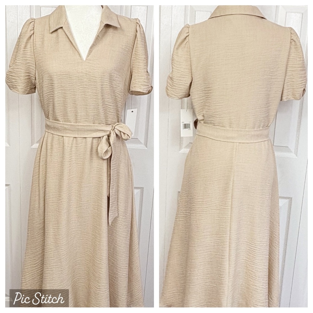 NWT Harper Rose Beige Cream Ruched Short Sleeve Polo Collar Midi Dress 12